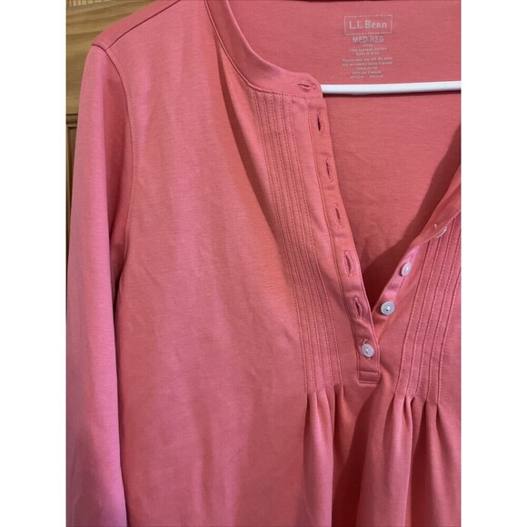 LL Bean Top Women's Medium Pink Henley Pleated Bib Front Supima 3/4 Sleeve - Picture 3 of 5